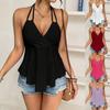 Top de Verano Casual y Listo para la Playa, Camiseta sin Mangas con Bordado de Ojal y Cuello Halter, Dobladillo Acampanado, Top Versátil para Shorts de Mezclilla y Faldas