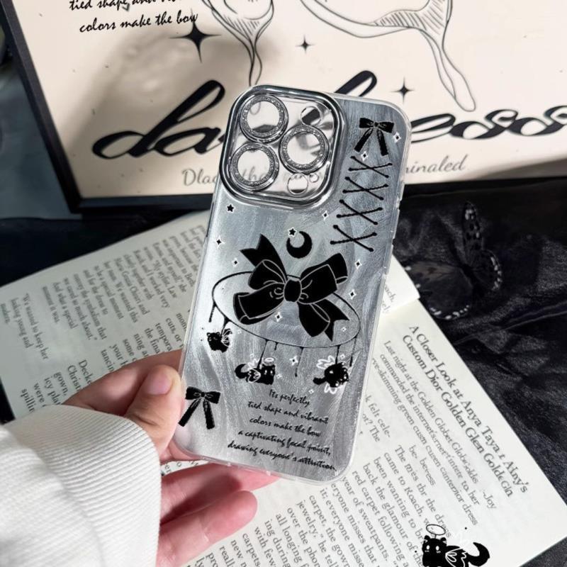 

Black Bow Feather Gauze Phone Case with Rhinestone Lens Film for Apple 17 Pro Max 14/15/16 Pro iPhone 11