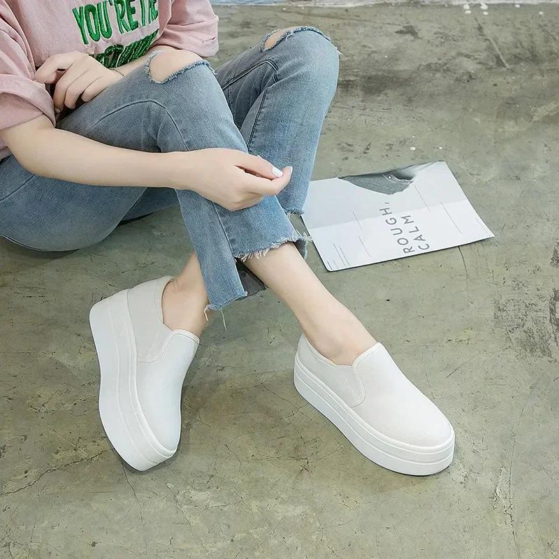 6CM Denim Platform Wedge Autumn Elastic High Brand Chunky Sneakers Fashion Casual Spring Slip on Black White Shoes 2024