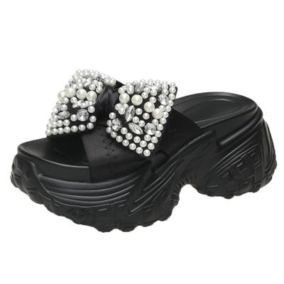 8cm Shiny Rhinestone High Platform Slippers Women Butterfiy-Knot Heels Chunky Sandals Woman Summer Thick Bottom Wedges Slides