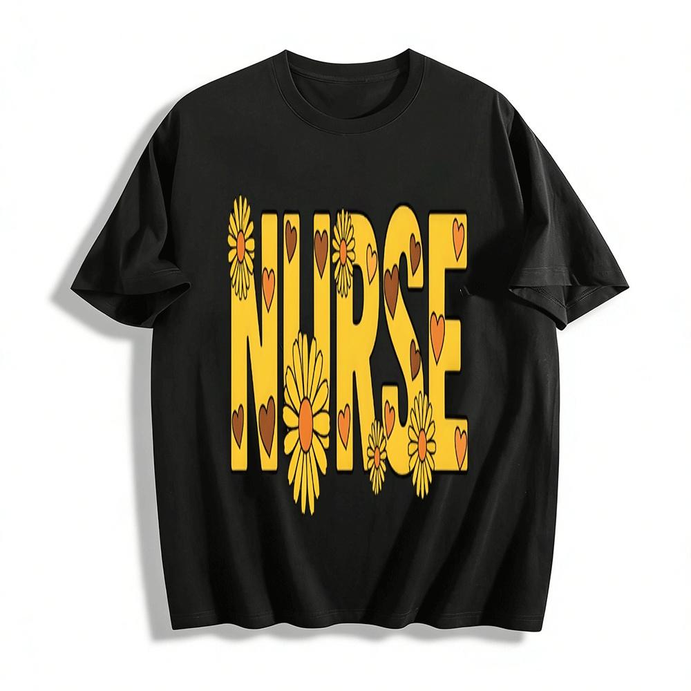 Vintage Daisy Heart NURSE Print Casual Top Nurse Themed Tee Pure cotton T-shirt XXS