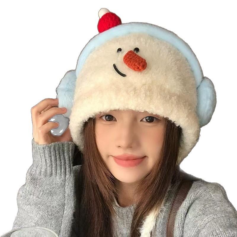 Women Cute Snowman Knit Earflap Hat Winter Warm Beanie Slimming Face Pullover Lei Feng Cap