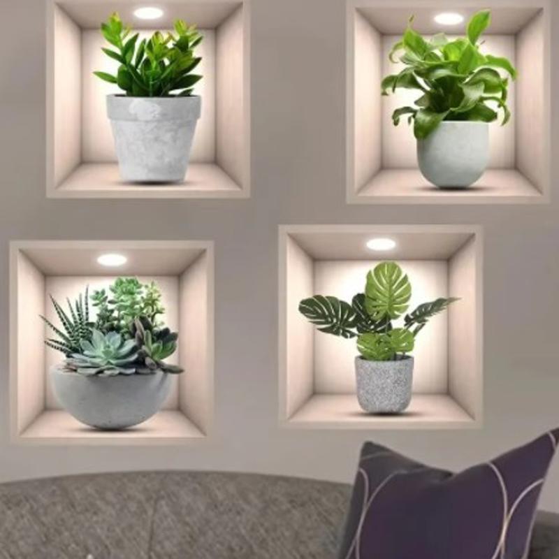 4ps Creative Floral Green Flower Pot Pattern Self-adhesive Wall Stickers Removable Stickers for Home Decoration