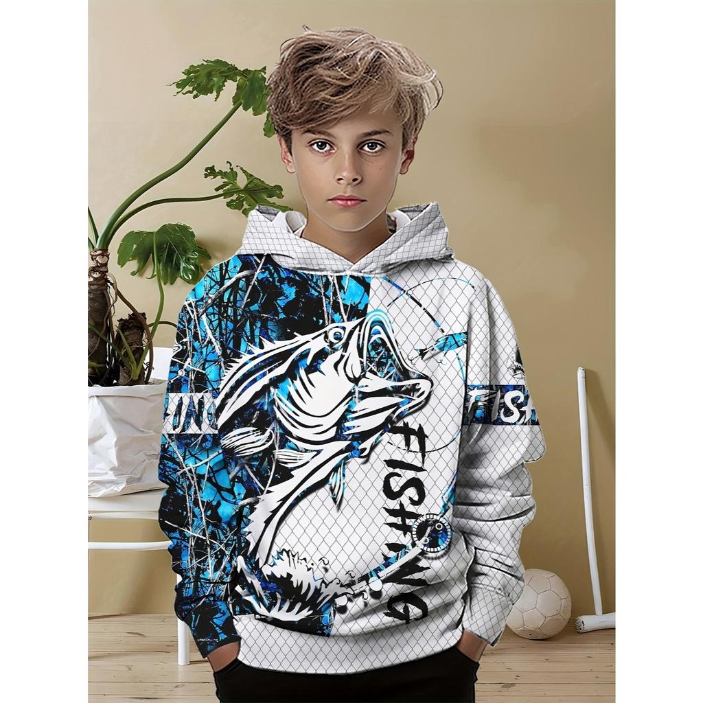 Boy's fishing and fishing net creative fashion top casual long sleeved hooded sweatshirt suitable