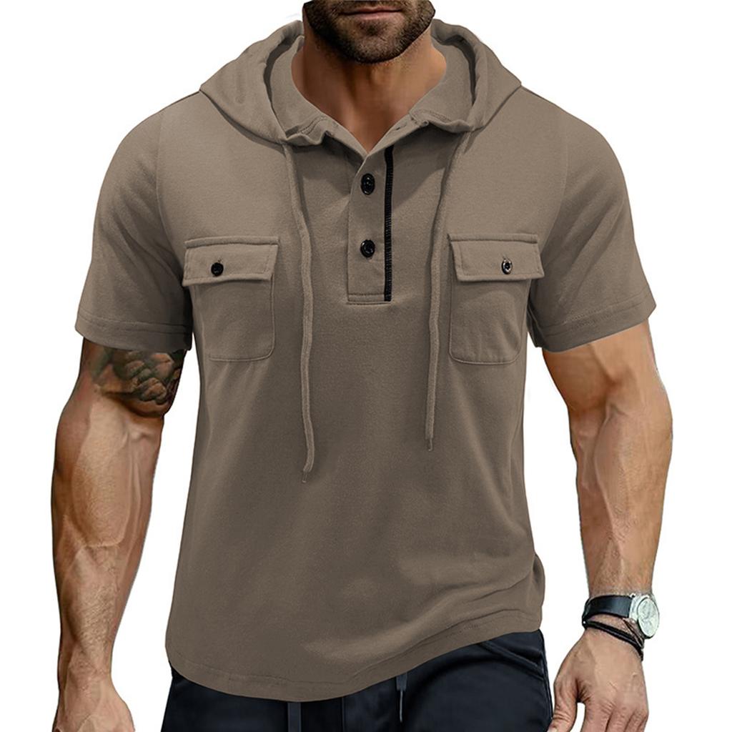 Pánské letní tričko s kapucí ležérní jednobarevné 1 3 knoflíky krátký rukáv mikiny topy na plážovou dovolenou streetwear