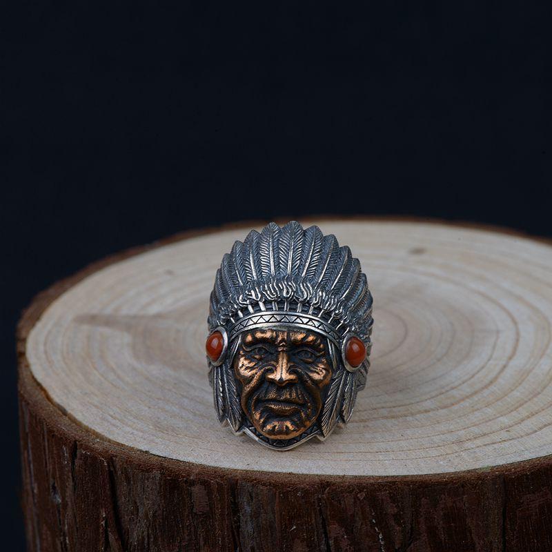 Adjustable Open Ring Men Women Vintage Indian Chief Face Design Punk Boho Statement Jewelry
