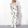 Women Plus Size Floral Printed Cutout Neck Short Sleeve Scrub Set With Pockets Top And Long Pants Two Piece