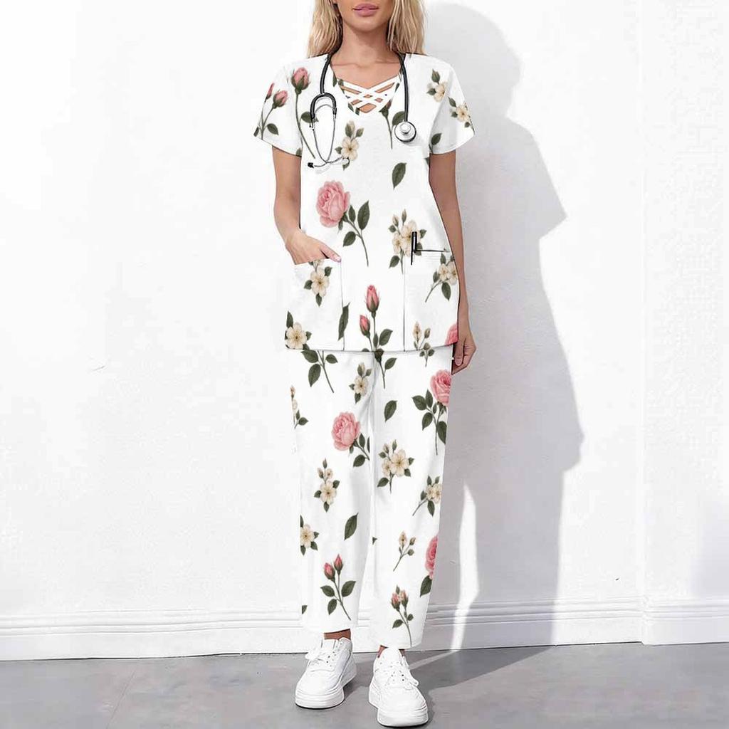 Women Plus Size Floral Printed Cutout Neck Short Sleeve Scrub Set With Pockets Top And Long Pants Two Piece