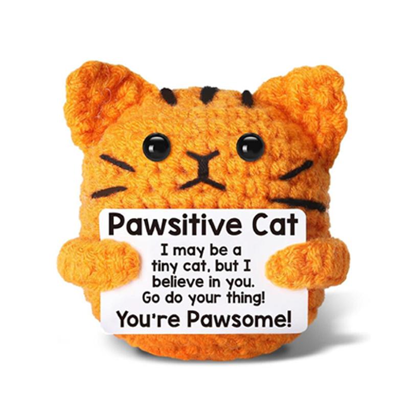 Funny Crochet Positive Energy Cat Doll Handmade Knitted Flower Bee Ornament Christmas Gifts with Card Home Room Decoration