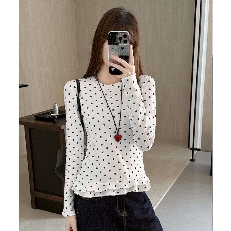 Women's Slim Fit Long Sleeve T-Shirt with White Polka Dot Lace, Round Neck, and Plus Velvet for Autumn/Winter