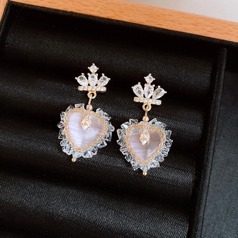 Real gold crown zircon love pendant earrings small fresh earrings sweet earrings