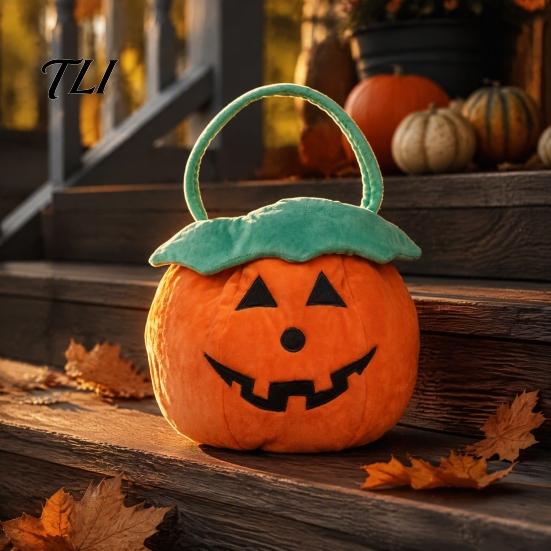 Soft Plush Halloween Tote Pumpkin Bucket, Cute Trick-or-Treat Bag, for Kids Candy Basket with Handle Girls Boys Party Favors Festive Gift Bag Children
