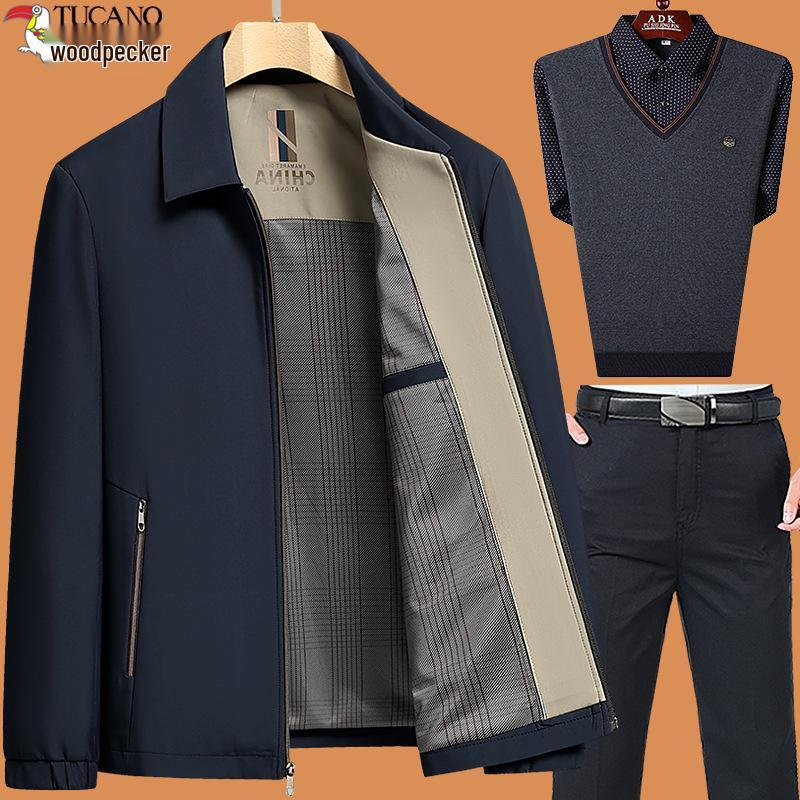 Woodpecker 2025 Dad Outerwear Set: Men's Spring and Autumn Jacket for Middle-Aged and Elderly