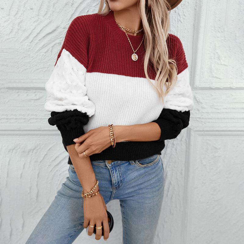 2024 Autumn And Winter European And American Round Neck Long Sleeved Casual Contrasting Pullover Sweater For Women