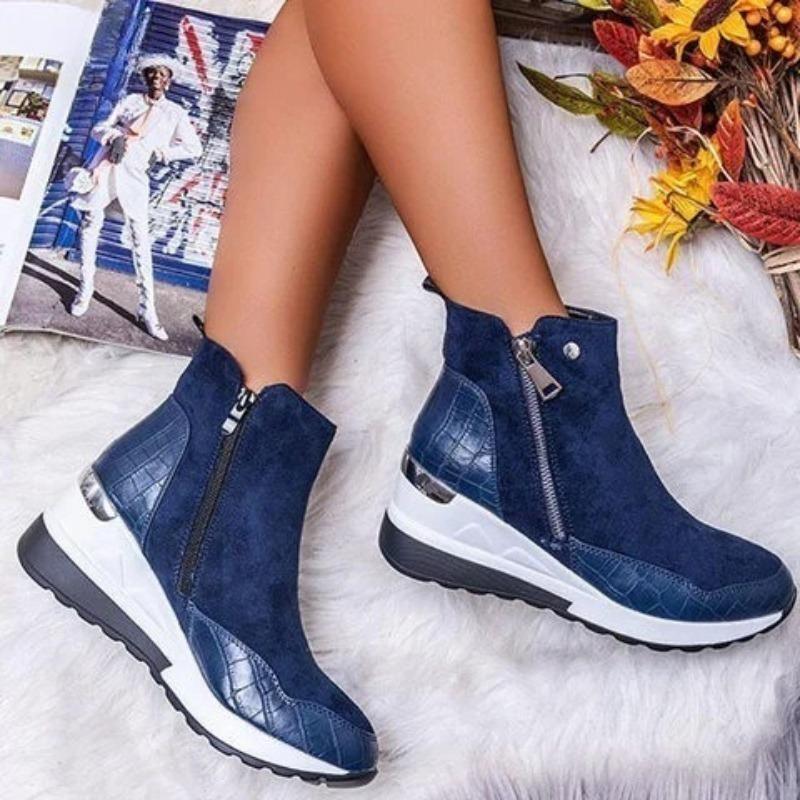 Low-top Shoes for Warmth, Round-toed Wedge Heels with Side Zippers, Women's Boots, Thick-soled Snow Boots