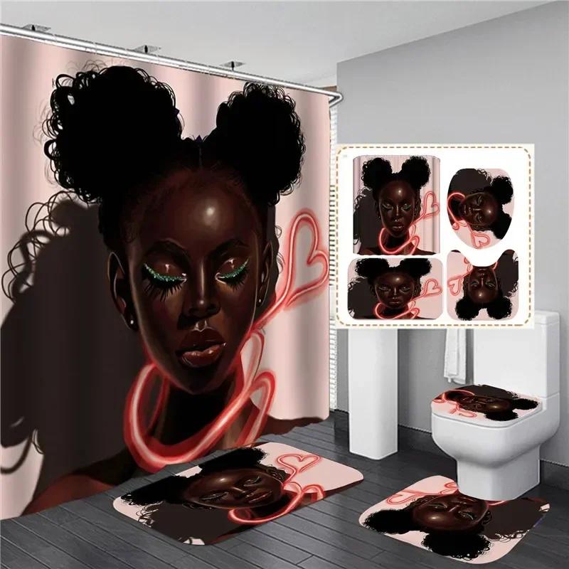 

Black African American Women Print Shower Curtain Set Waterproof Bathroom Curtains Anti-Slip Soft Bath Mat Toilet Rugs Wc Carpet W60H190(CM)-1 Pcs