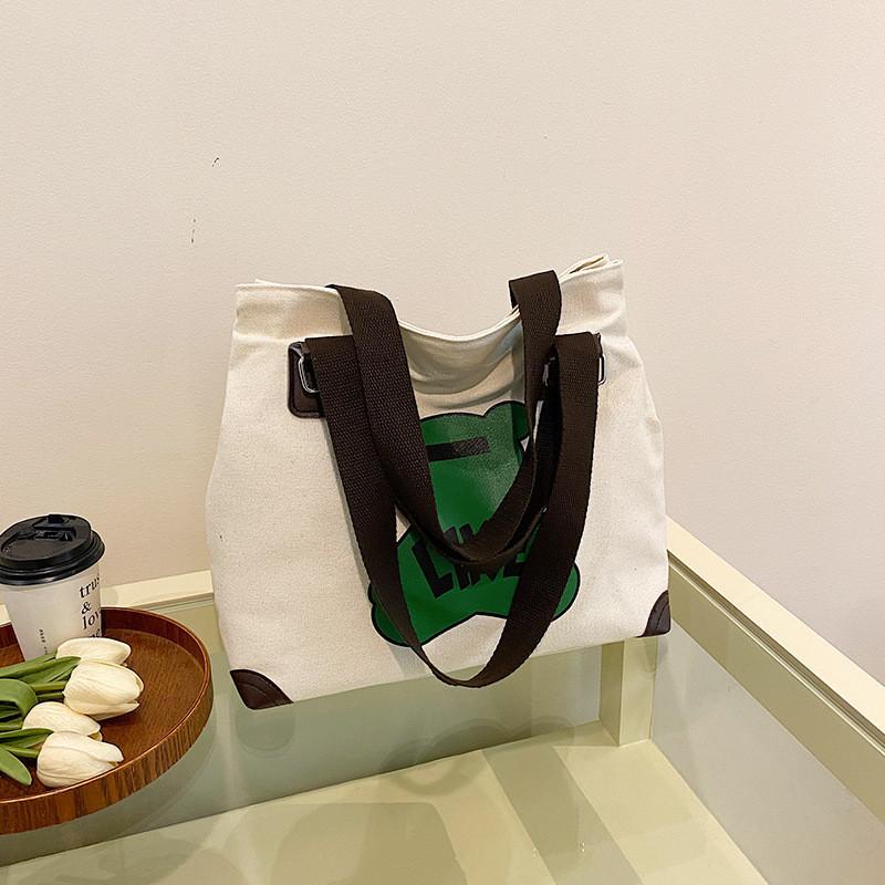Adorable Cartoon Canvas Tote Bag Large Capacity Casual Handbag For Students