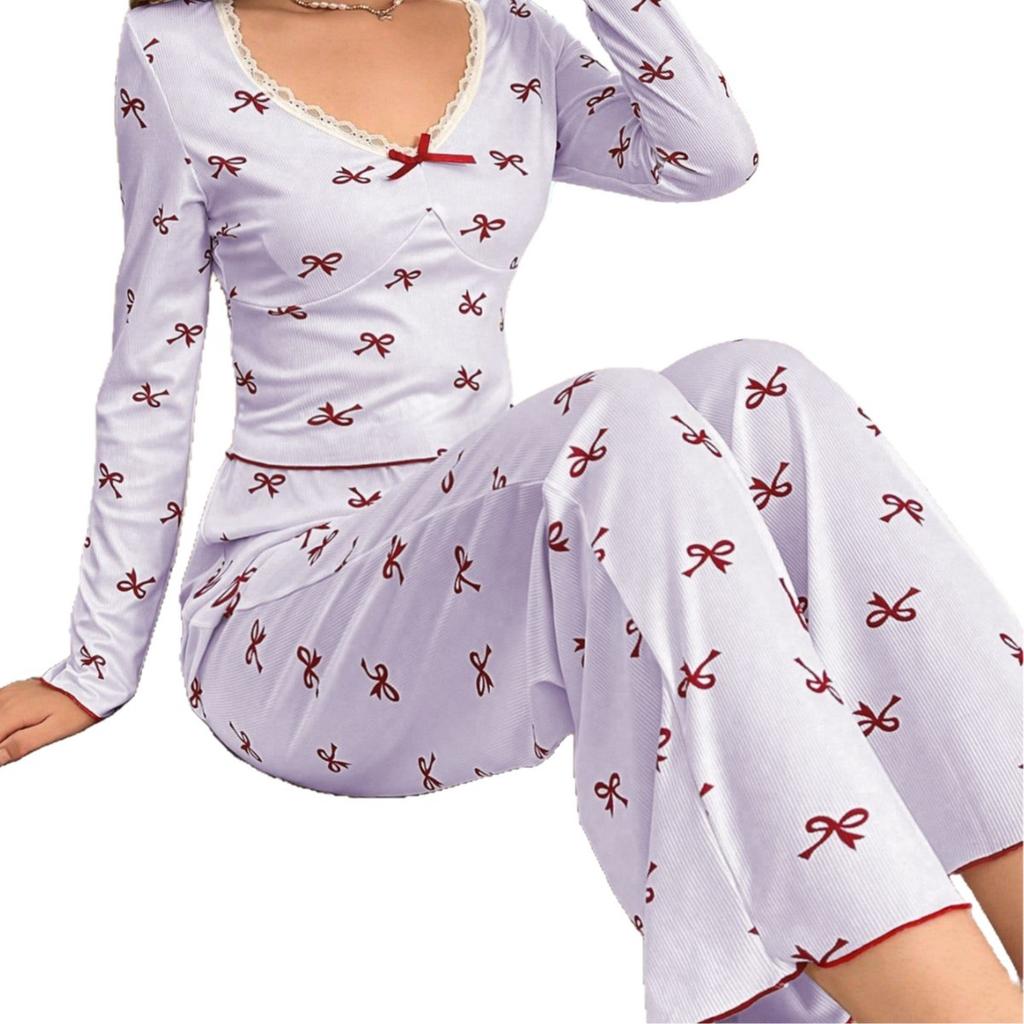 Sweet bow pajamas women, spring and summer new high-end V-neck lace edge trousers loungewear European and American style suit