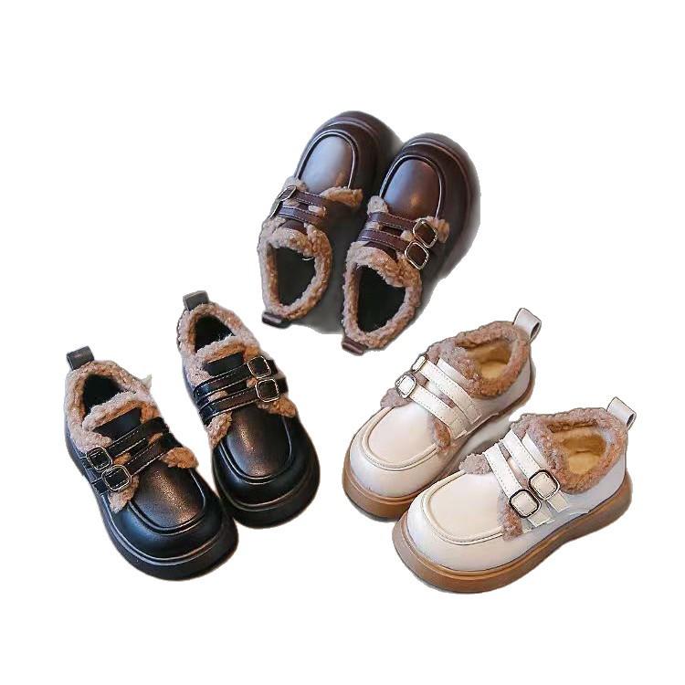 Girls' Cotton Fleece Princess Shoes - 2025 Autumn/Winter British Style, Warm & Thickened Soft Sole Leather Shoes