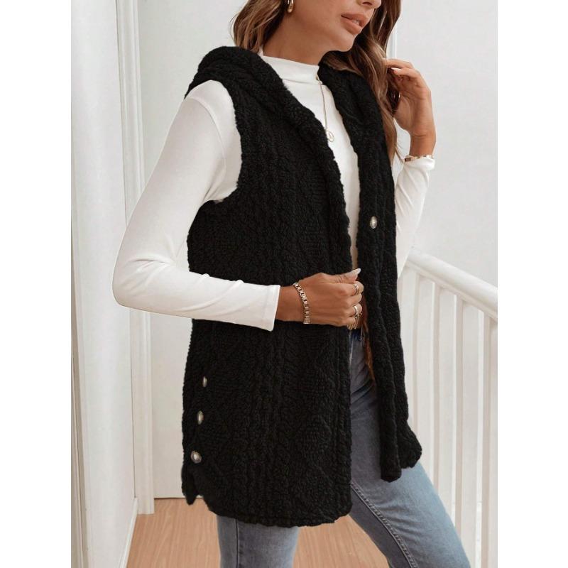 Damen zweiseitige Fleece-Weste, lässig, mit Kapuze, zum Knöpfen, ärmellos