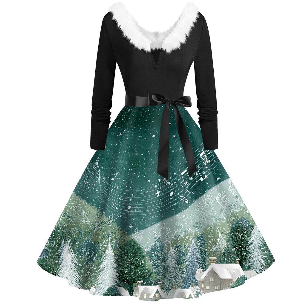 Damenmode V-Ausschnitt Lässig Schlank Weihnachten Bedruckt Langarm Haarkragen Kleider