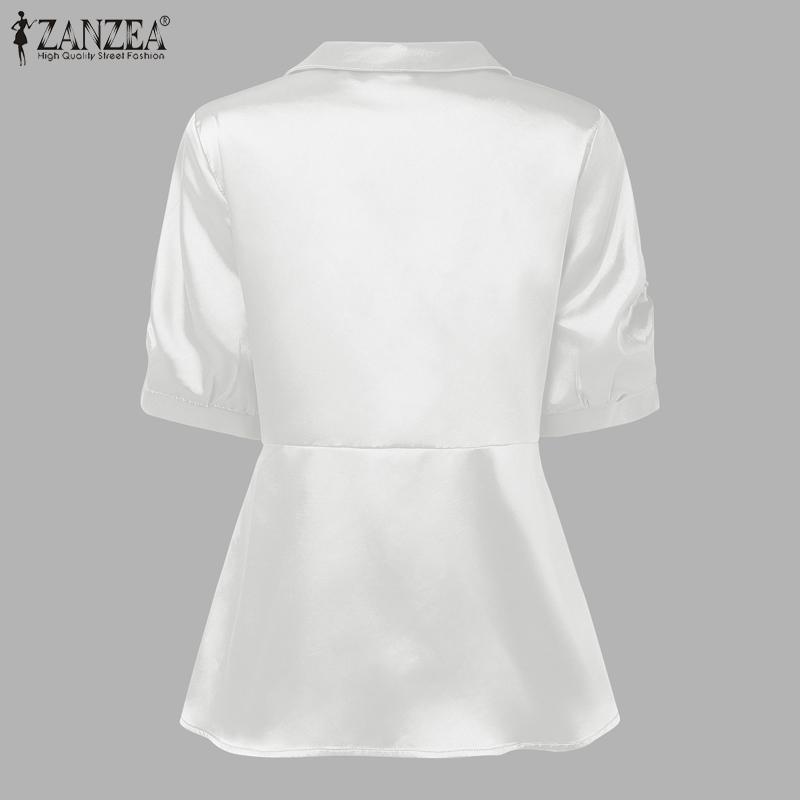 ZANZEA Damska Bluzka Satynowa z Kołnierzykiem i Krótkim Rękawem, Luźna, Casualowa, Patchworkowa