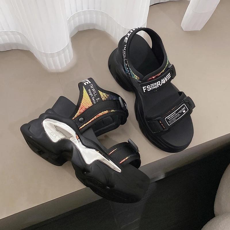 Fashion High Platform Sandals Women Bling Wedges High Heels New Summer Buckle Crystal Chunky Sandalias Beach Slippers Zapatos Mujer 10CM