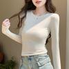 Round Neck Slim Cropped Long Sleeve Basic T-Shirt Soft Stretchy Solid Color Women Versatile Layering Top Available In White Beige Gray
