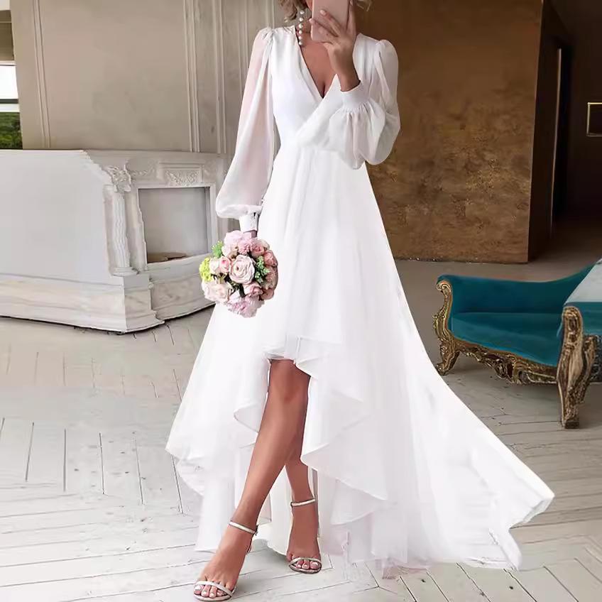 Elegantes europäisches und amerikanisches V-Ausschnitt Einfarbig Taillenbetont Slim Fit Langarmkleid für Damen