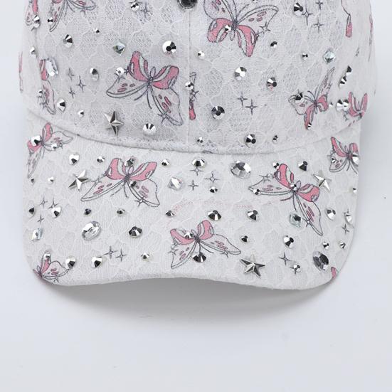 Baseball Hat Adjustable Back Buckle Butterfly Design Curved Brim Sun Protection Lace Hat with Rhinestones Inlaid Women Headwear
