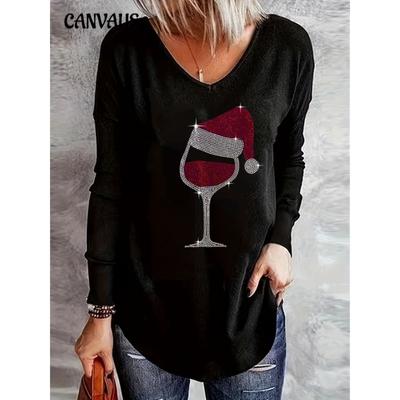 Grote Maten Lente Herfst Dames Blouse Casual Gepersonaliseerde Bedrukte Kerst V-Hals Lange Mouw Top