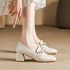 Simple Office Wear Soft and Innocent Leather Single Shoes 6 Cm Heel Tall Spring and Autumn Square Head Mary Pearl Diamond-inlaid Women's Shoes