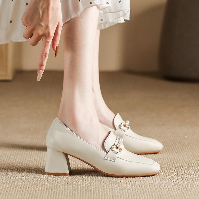 Simple Office Wear Soft and Innocent Leather Single Shoes 6 Cm Heel Tall Spring and Autumn Square Head Mary Pearl Diamond-inlaid Women's Shoes