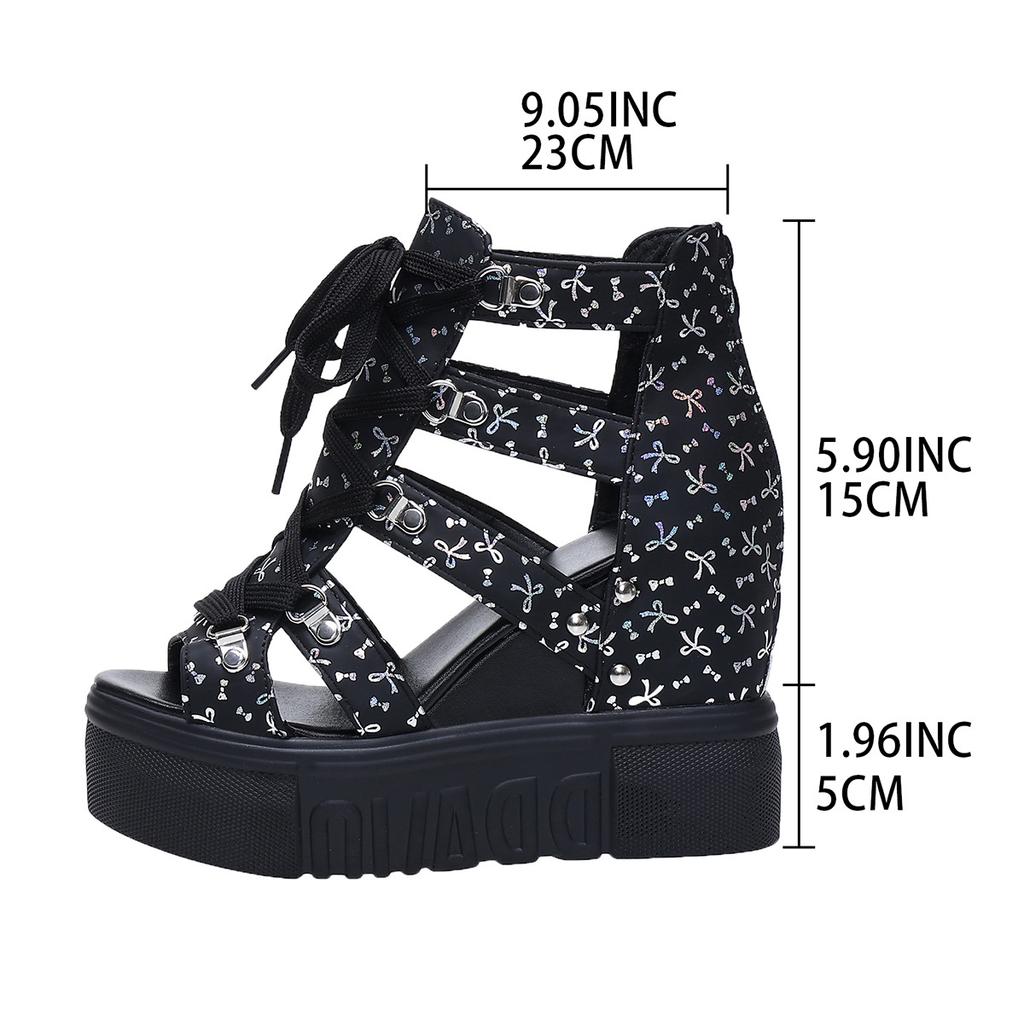 Fish mouth sandals women's hollow inner height increase breathable mesh shoes muffin thick-soled wedge heel high heel Roman student sandals