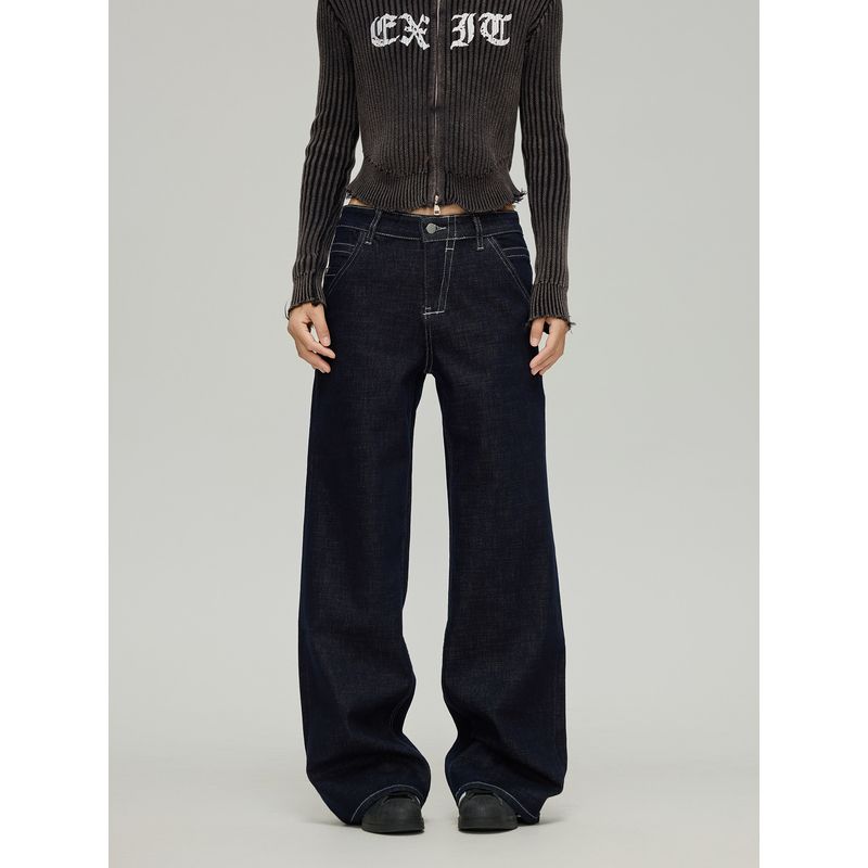 Black of Exit American-Style Raw Denim Curved-Leg Pants for Couples, High Street Loose Fit, Slimming High-Waisted Autumn and Winter Jeans, Trendy