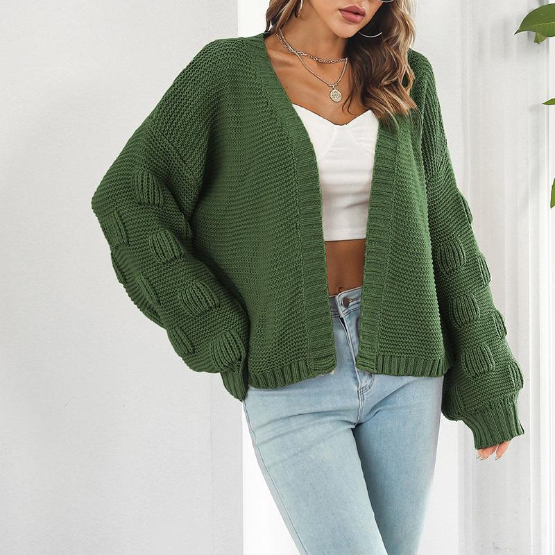 Strikket strikket cardigan for kvinner, uformelt retrotemperament, genser med lanterneermer