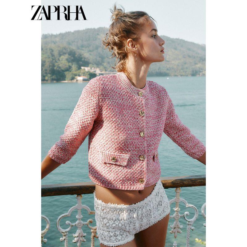 Zaprha 2025 Fall New Fashion Casual Pink 3/4 Sleeve Knitting Cardigan Short Coat Female 6427041