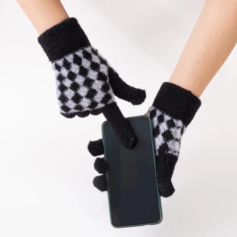 Kadın Eldiven Kış Dokunmatik Ekran Streç Örme Eldivenler Kadın Ekose Tam Parmak Açık Sıcak Eldiven Tutmak