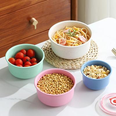 3pcs Wheat Straw Fresh-keeping Bowl Preservation Bowl with Lid for Home Microwaveable Plastic Round Lunch Box Sealed Storage