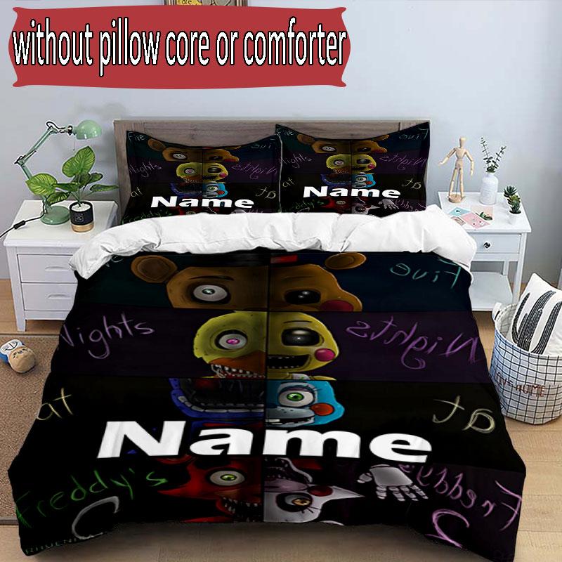 3'lü Nevresim Takımı (1*Nevresim Kılıfı + 2*Yastık Kılıfı, Çekirdeksiz), Özel İsimli Five Nights at Freddy's Desenli Nevresim Takımı, Ev Yatak Odası Dekorasyonu Hediye