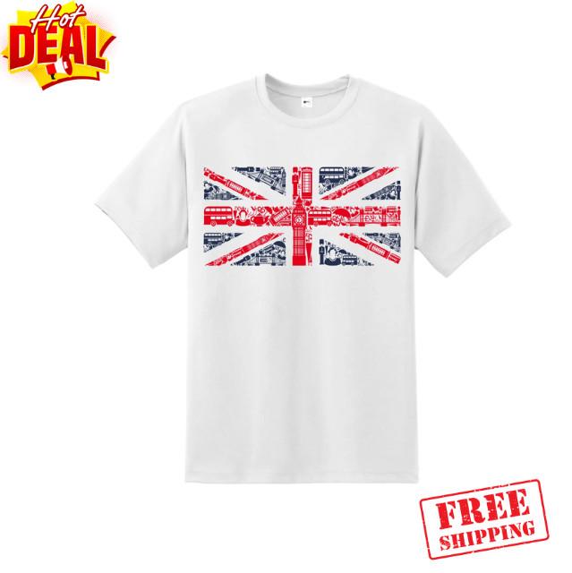 Перепечатка - Лондон Англия Унисекс Футболка Юнион Джек Футболка Модная Великобритания Подарок Унисекс Футболка S