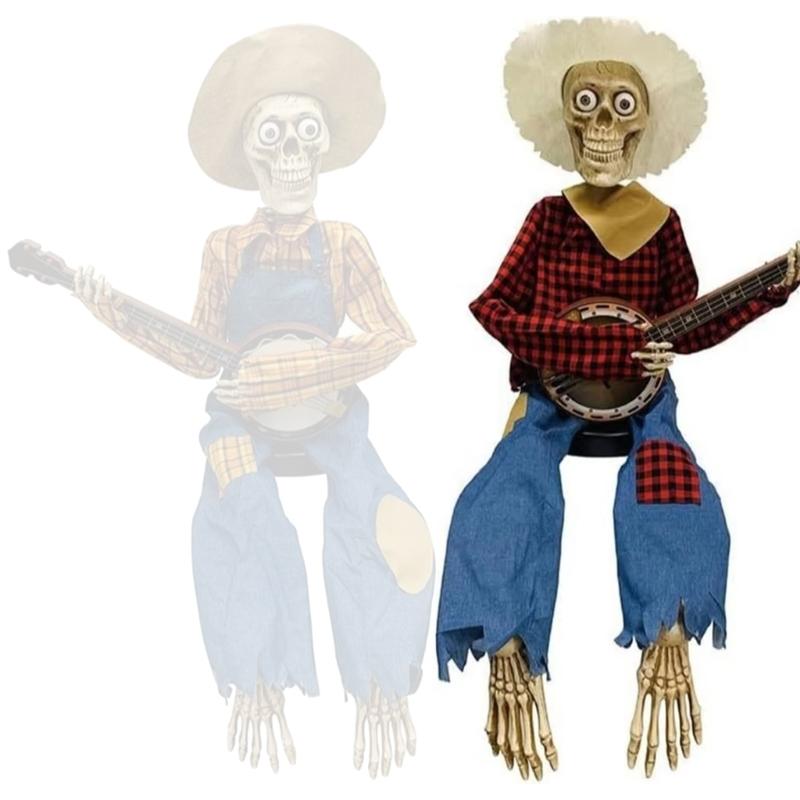 

Halloween Gift Skeleton Banjo Figurine Feature Red Yellow Grids Detailing Perfect For Music Lover And Holiday Collector