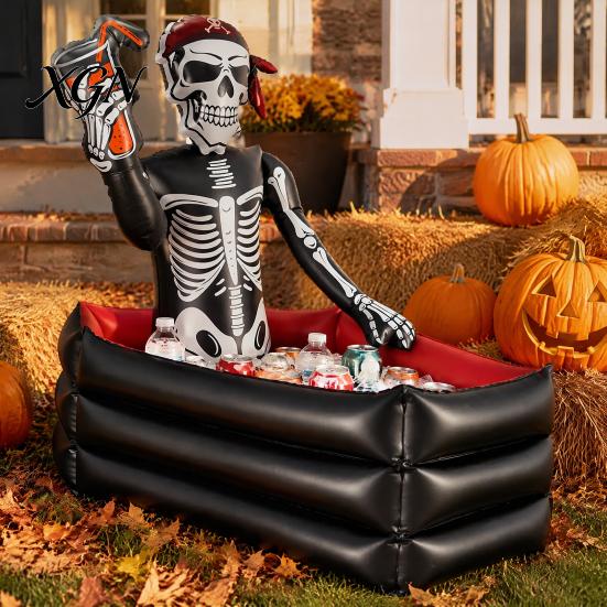 Funny Halloween Gifts for Friends Inflatable Skull Ice Bucket, Pirate Skeleton Drink Cooler Party, Leakproof Events Thickened PVC Portable Beverage