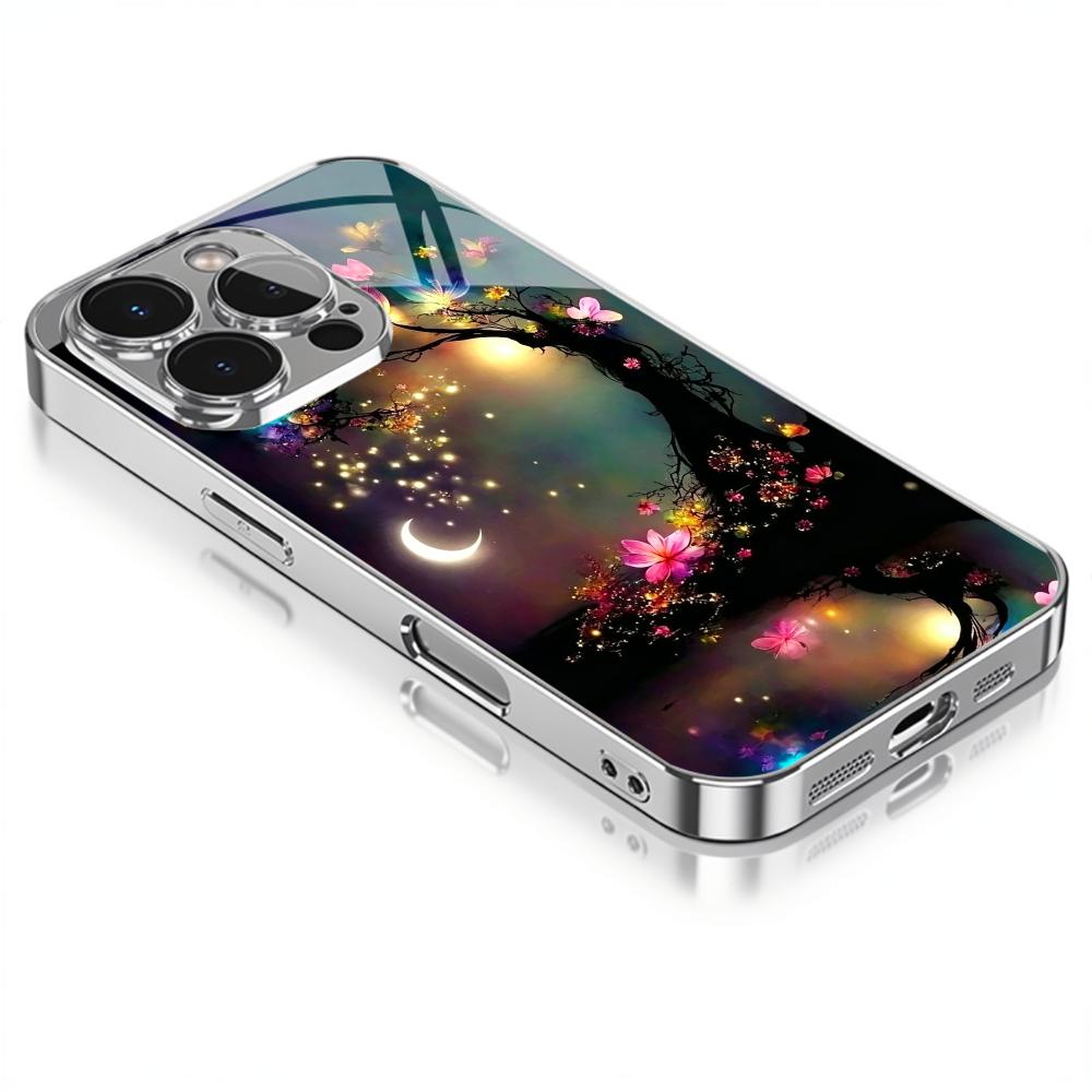 Fantasy Glowing Tree Tempered Glass Phone Case For iPhone 17 16 15 14 13 Pro Max Plus Electroplated Frame Shockproof Hard Cover