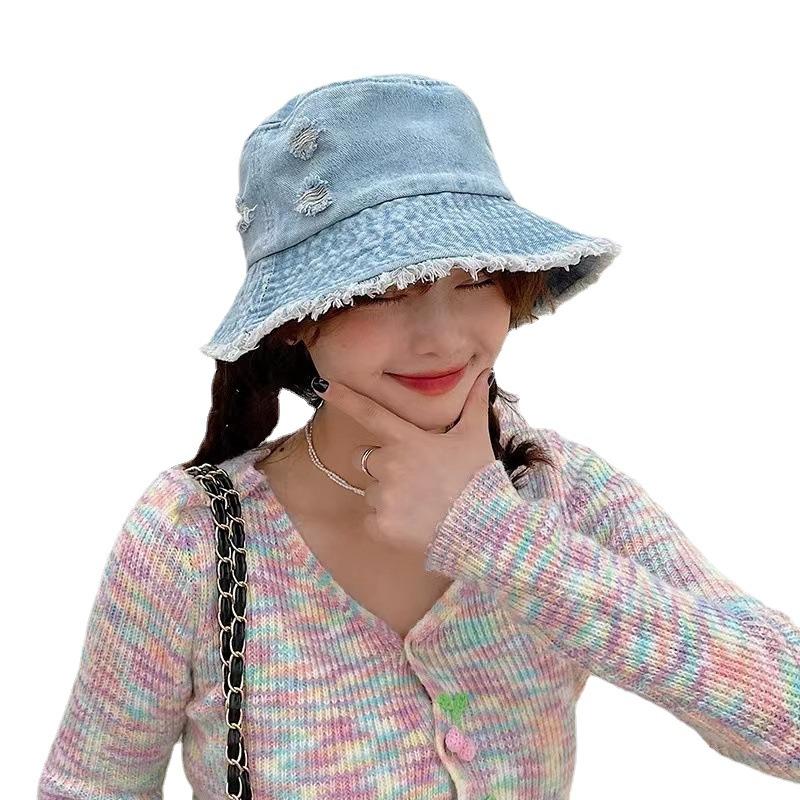 Retro Washed Denim Bucket Hat Women's Summer Washed Rough Edge Ripped Basin Hat Men's Fashion Couple Sun Hat