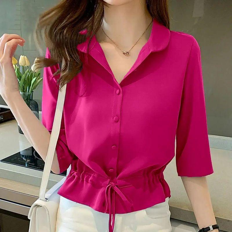 

Solid Color Waist Hugging Short Sleeve Shirt Pure Color Waist Trimming Shirt Female Rose Red L