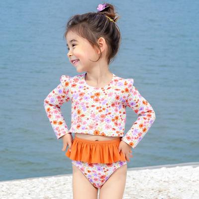 Girls Sun Protection Swimsuit Set Two Piece Rash Guard Long Sleeve Bathing Suit Tankini with Bikini Bottoms Floral Print Kids Beachwear