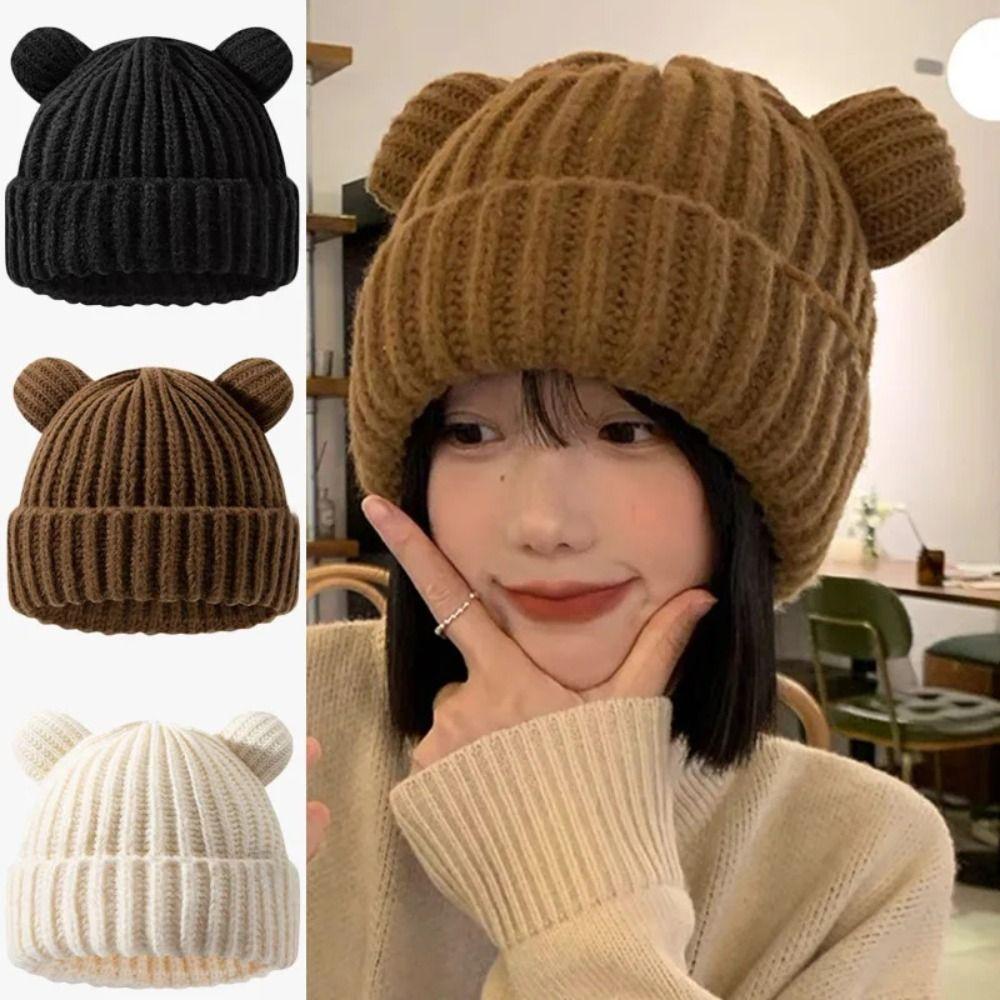 Thickened Snow Beanies Cap Bear Ear Hat Scarf Set Casual Winter Balaclava  Neck Warmer