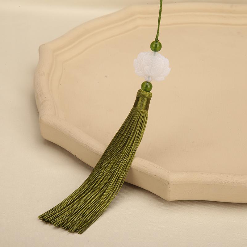 Double-Sided White Jade Lotus Tassel Fan Pendant - Antique Decoration Accessory