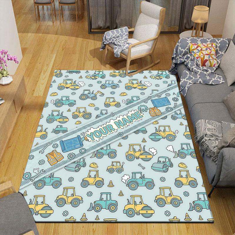 Custom Name,Cartoon Car Pattern Series Home Sofa Decoration for Living Room & Bedroom, Non‑Slip Play Flannel Floor Mat for Game Room